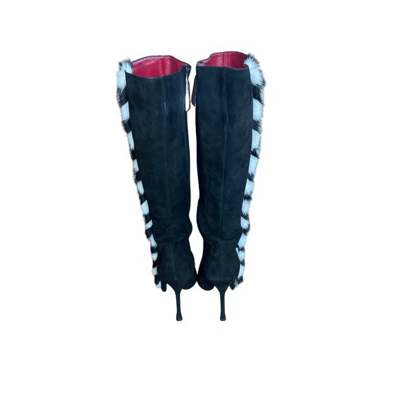 ESCADA Mink Trim Knee High Suede Stiletto Boots Shoes Black White Fur 39.5 9.5 - Picture 3 of 8